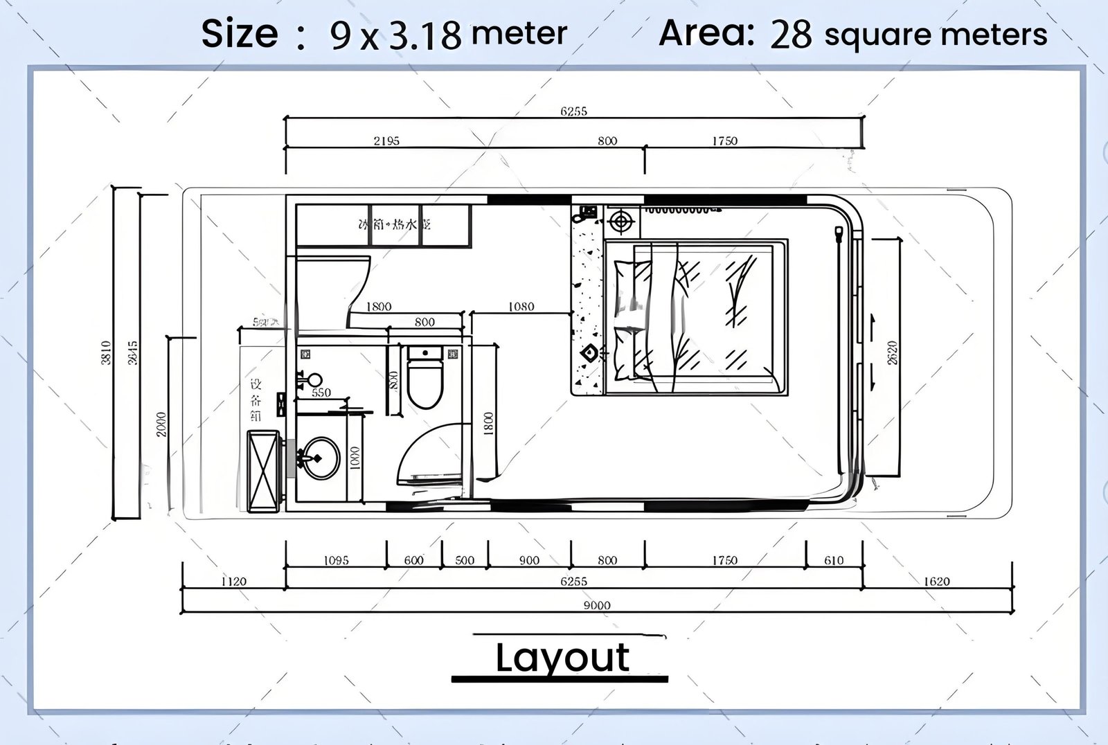 A floor plan of a 9 by 3.18 meter room with an area of 28 square meters, featuring a bed, bathroom, and kitchen area.
