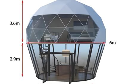 Two-story geodesic dome structure with a glass exterior, measuring 6 meters in height and 4.5 meters in width. The lower level's height is 2.9 meters, while the upper dome is 3.6 meters tall.