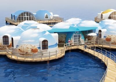 Floating spherical eco bubble houses on water are connected by wooden walkways, featuring cloud and shell designs, with clear skies in the background.