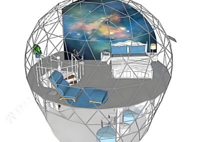 A two-story geodesic dome structure featuring a lounge area with chairs on the lower level and a bedroom with a large window showing a galaxy image on the upper level.