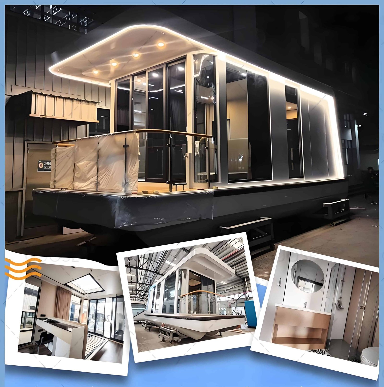 A modern houseboat under construction inside a warehouse. The main image shows the exterior, and four smaller images showcase the interior living area, construction details, bathroom, and storage space.