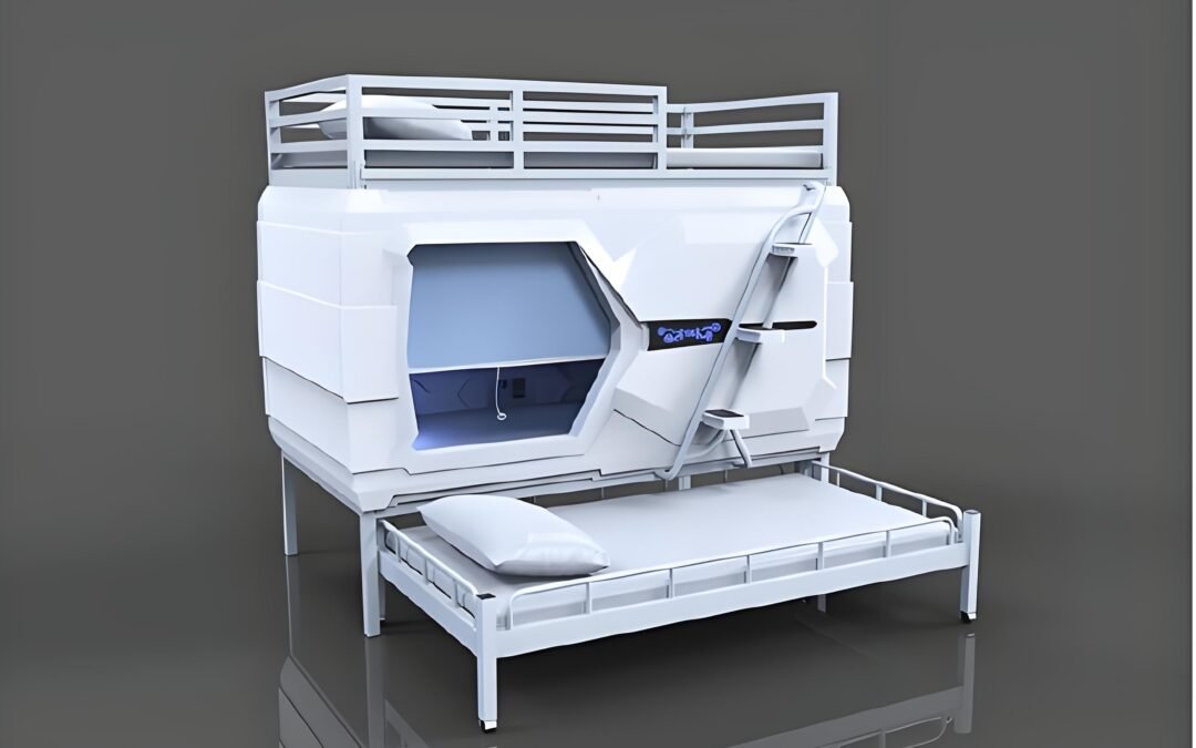 Futuristic White Bunk Bed With A Geometric Frame, Featuring An Enclosed Top Bunk And Open Bottom Bunk, Set Against A Gray Background.