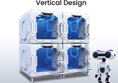 Four Futuristic White Pod Units With Blue Interiors Are Stacked In A 2x2 Arrangement. A Small Robot With A Wide Camera Like Head Stands In Front.