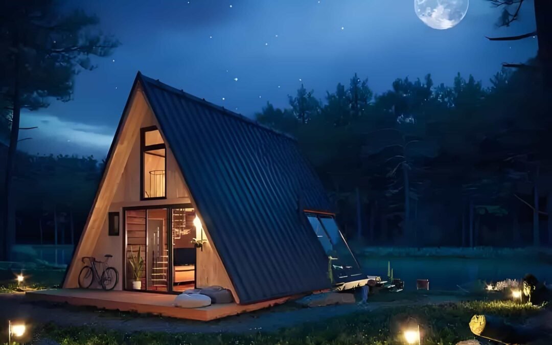A Frame Cabin Illuminated At Night, Set In A Wooded Area Under A Starry Sky With A Full Moon. A Bicycle Is Parked Outside, And Lights Adorn The Pathway.