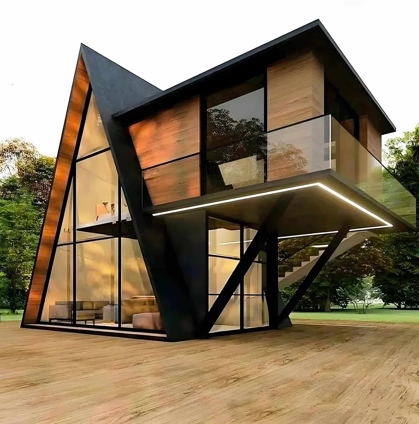 Modern A Frame House With Wood And Glass Elements, Featuring A Cantilevered Second Floor And Large Windows, Set On A Wooden Deck Surrounded By Trees.