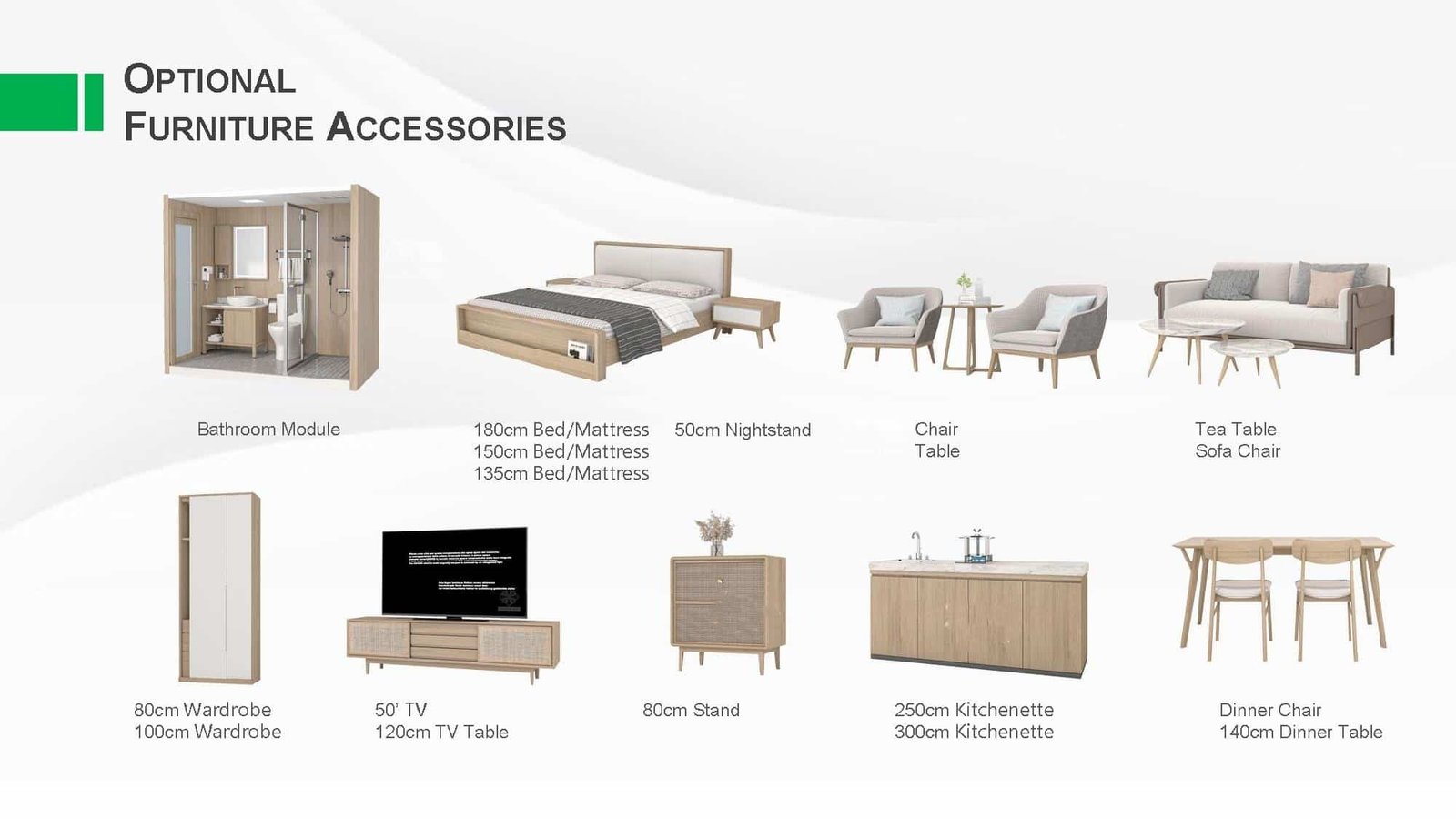 Furniture Accessory Options Including Bathroom Module, Beds, Nightstand, Tables, Chairs, Tv, Kitchenette, And Wardrobes In A Minimalist Design.
