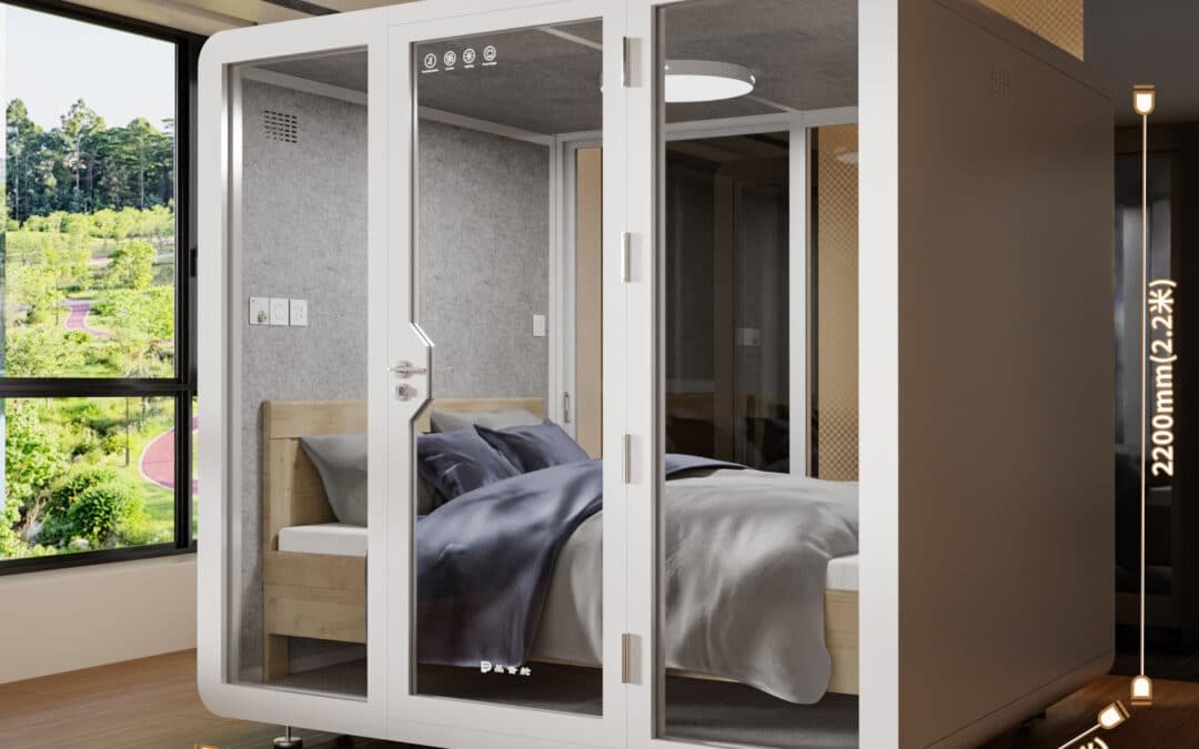 A modern glass walled pod with a bed inside, shown in a room with large windows. dimensions are marked: 2300mm wide, 2000mm deep, and 2200mm high.