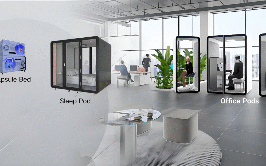 Modern office space featuring a capsule bed, a sleep pod, and several glass office pods with people working and meeting inside.