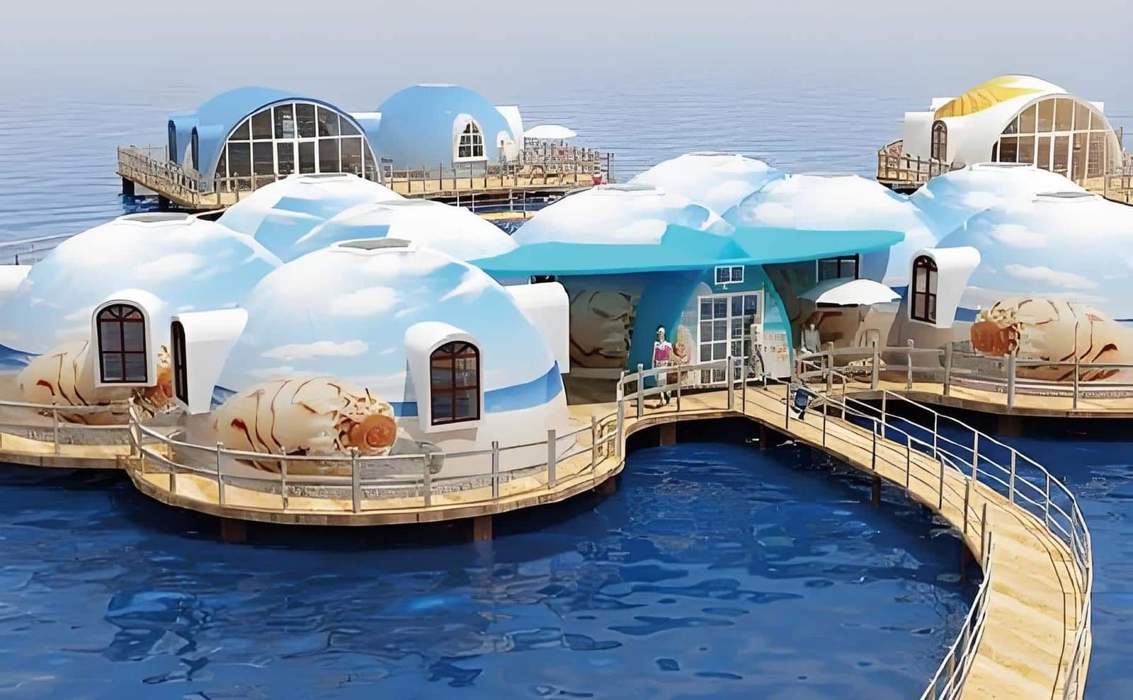 Floating spherical eco bubble houses on water are connected by wooden walkways, featuring cloud and shell designs, with clear skies in the background.