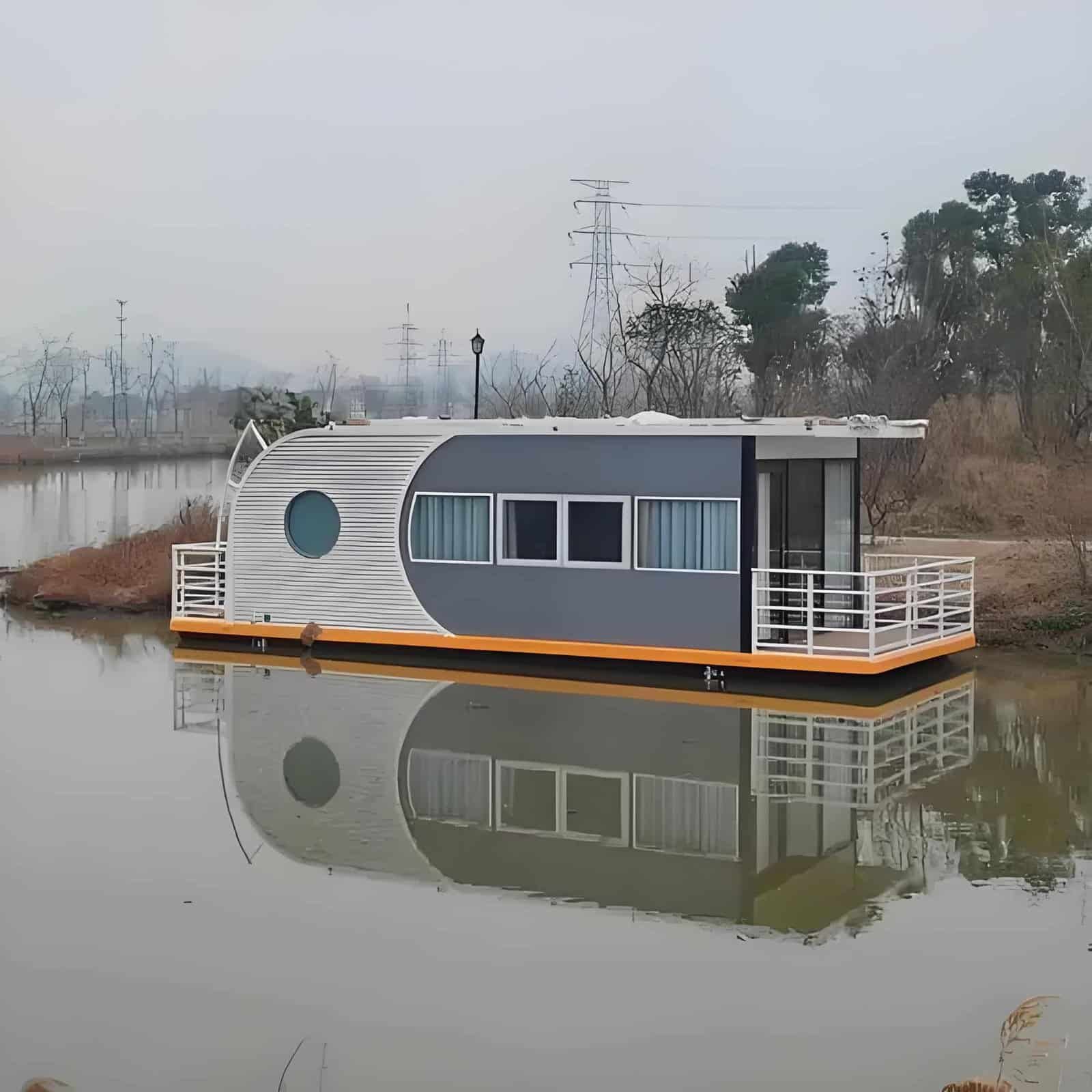 A modern houseboat with white and gray exterior floats on a calm river, reflecting clearly in the water, with dry grass and trees in the background.